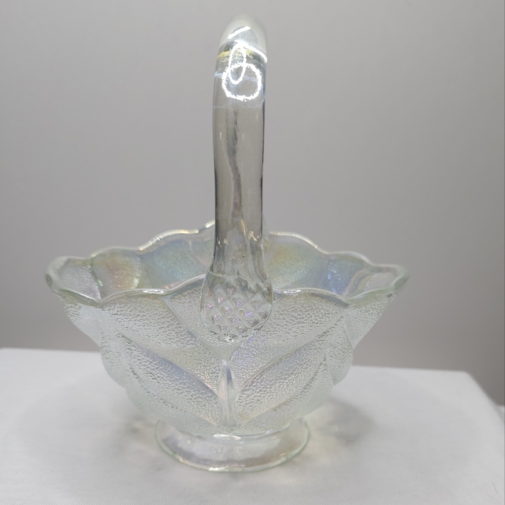 Vintage Glass Basket Iridescent Frosted Leaf Design LE Smith 7 inches Tall